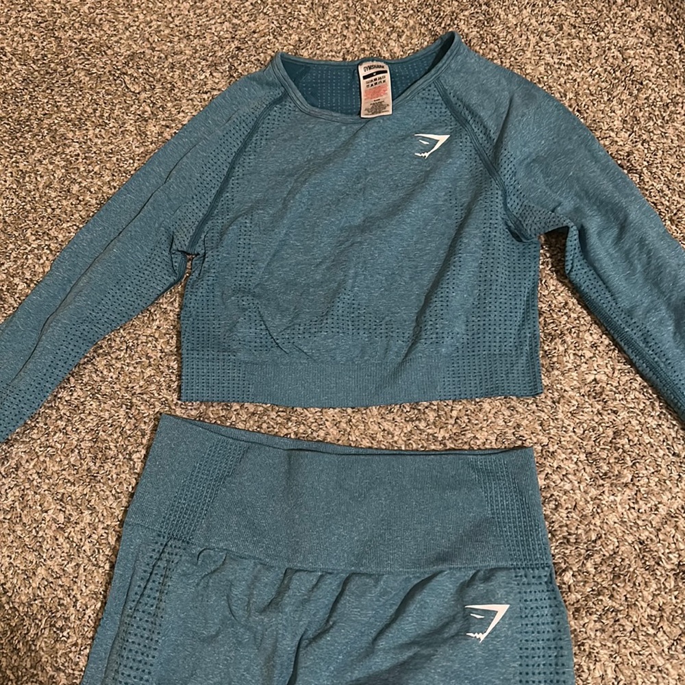 Gym, shark crop top, and legging set